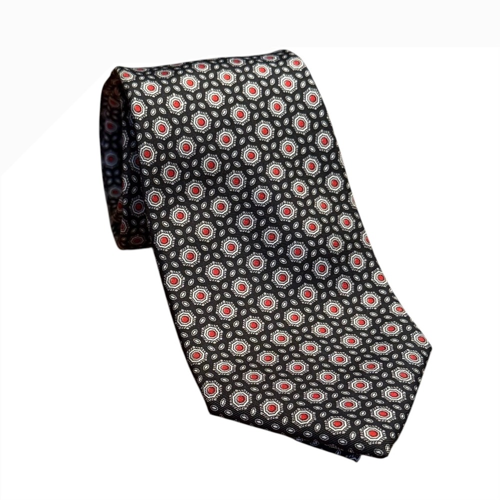Christian Dior Monsieur Silk Necktie Black Red Geometric Medallion Italy USA 3"
